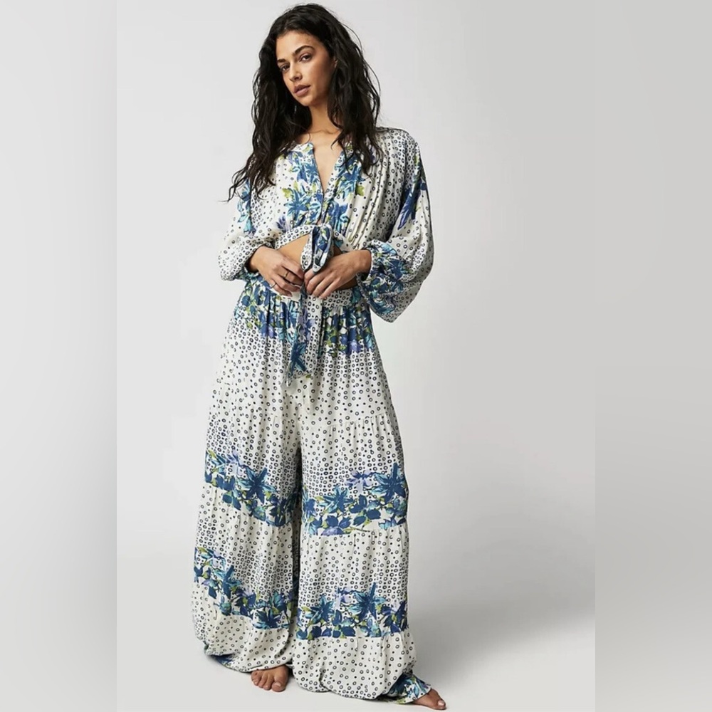 Free People Bali Birds Of Paradise Wide Leg Jumpsuit w/ Pockets Medium